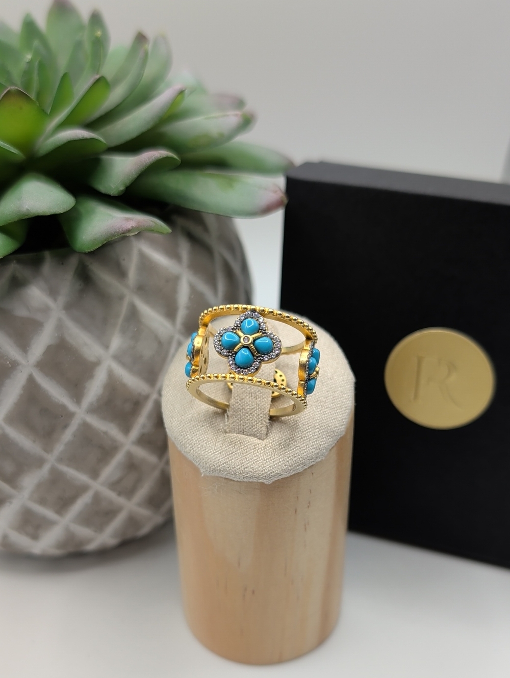 Freida Rothman Turquoise Clover Ring With Crystal Accents